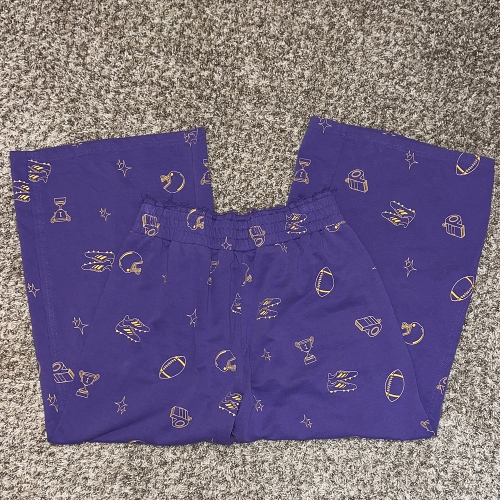🏈Umgee Purple and Gold Wide Leg Terry Waistband Pants/Cropped Football Game Day - Picture 5 of 11